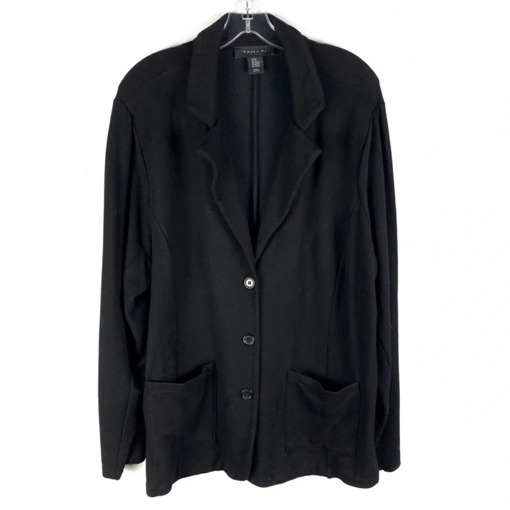 Tahari Black Button Front Knit Collared Plus Size Blazer Cardigan Jacket 2X Plus - Picture 1 of 5